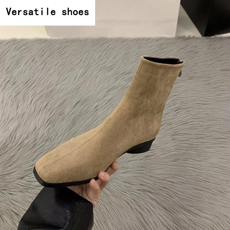 Уличный стиль женские ботильоны модные элегантные туфли на молнии осень-зима квадратный каблук женские эластичные современные короткие ботильоны