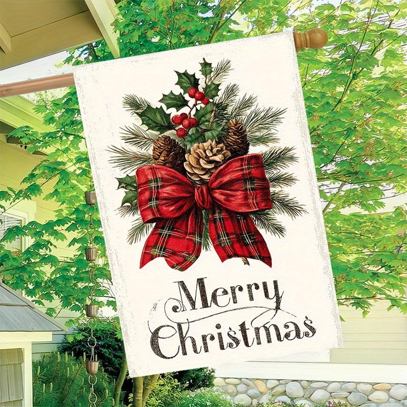 2D Flat, 2D Flat,1pc Large Double-Sided Outdoor Christmas Garden Flag - Merry Christmas Decoration with Holly, Pine Cones & Red Plaid Bow - All-Weath