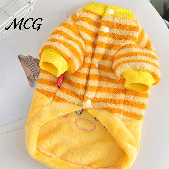 Cozy Dog Shirt Cute Duck Shirt, Striped Plush Pet Clothes, Snap Button Coat Closure, Warm Autumn Winter Outfit for Small Medium Dogs Skin-friendly