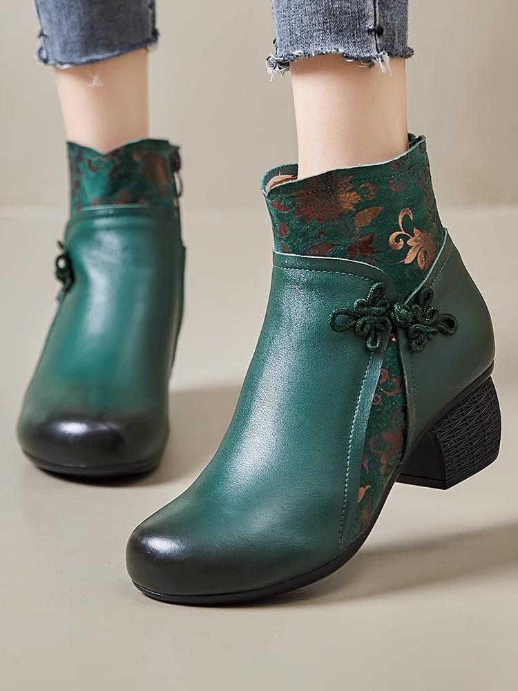 Модные ботильоны GKTINOO из натуральной кожи 2025 Зима Новые Этнические Принтованные Женские Ботинки Мягкая Подошва Толстый Каблук Кожаные Ботинки для Мамы