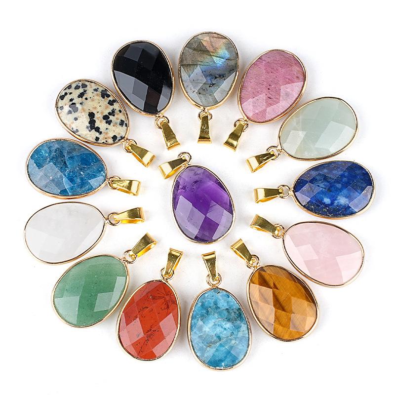 Natural Gemstone Drop Pendant Gold Edge Gemstone Faceted Oval Charm Semi-precious Crystal Necklace Pendant Amethyst Quartz Agate