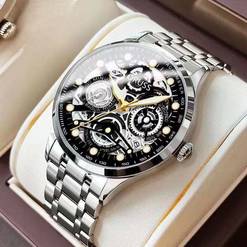 Men's Quartz Watch Male Business Wristwatch Hollow Dial Calendar Luminous Display Steel Band Waterproof Fashion Casual Watches