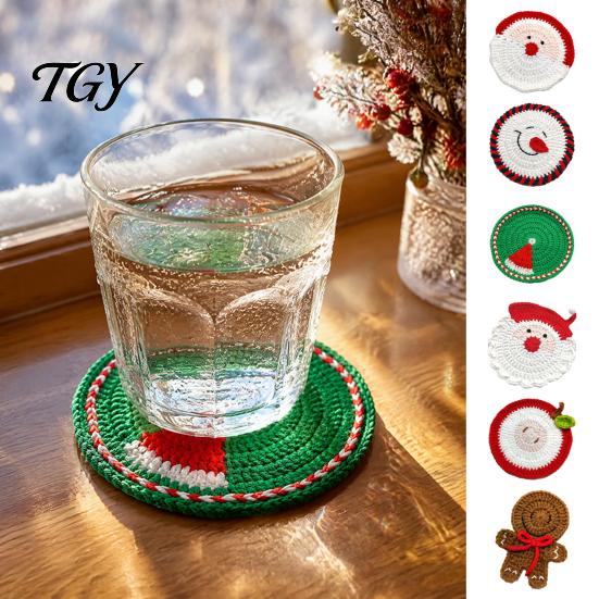 Handmade Craft Kitchen Table Mats Christmas Crochet Coaster, Woven Drink Cup Pad, Cute Santa Snowman Unique Holiday Gift for Friends Gingerbread