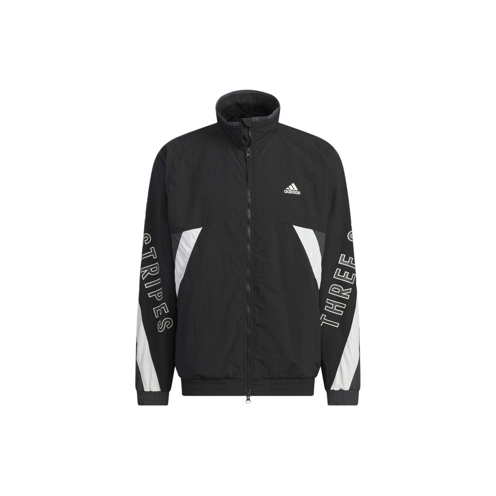 Adidas Letter Print Color Block Loose Stand Collar Long Sleeve Jacket Unisex Jacket Black IS5146