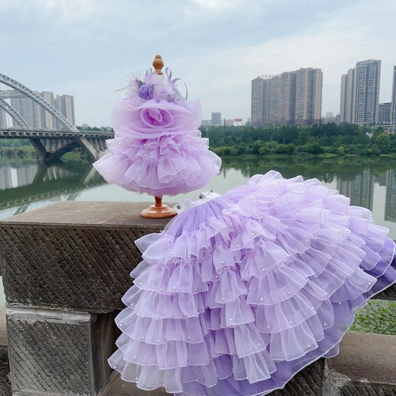High-end Luxury Pet Dog Cats Clothes Fashion Handmade Violet Flowers Long Tail Party Princess Dress For Small Medium Dog Poodle