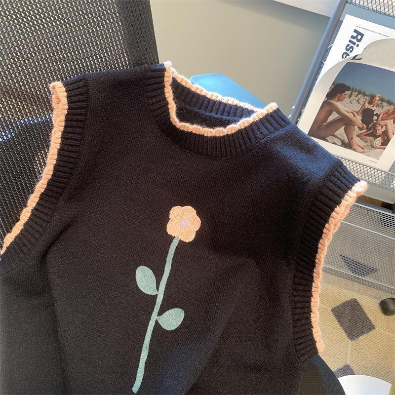 Маленький жилет с вышивкой свежих цветов в стиле ретро для женщин, весна и осень 2023, универсальный свободный вязаный жилет, свитер, пуловер, женский
