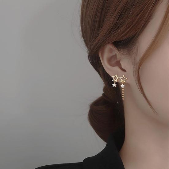 1 пара сережек-пусетов с полой цепочкой-звездочкой, кисточкой, неправильной формы, золотого/серебристого цвета, со встроенным кубическим цирконием