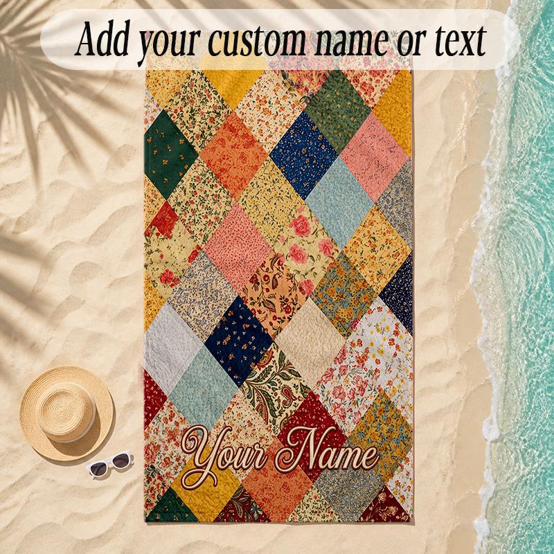 Quilt Theme Soft Beach Towel Personalized Custom Name Text Towel Portable for Beach Pool Travel