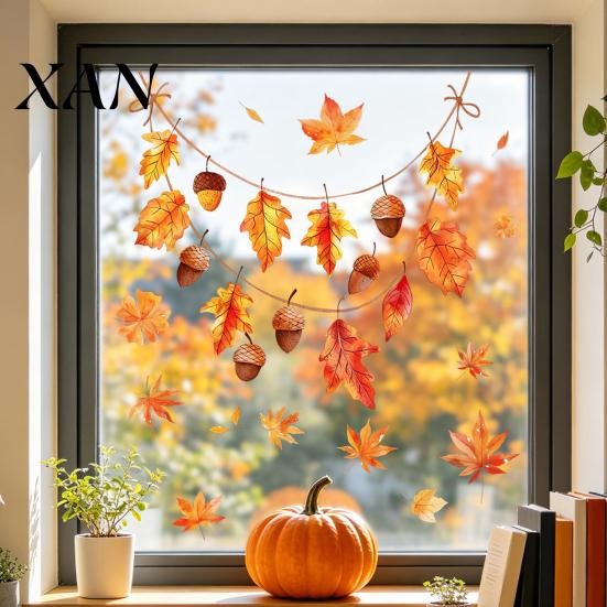 Easy Install Window Decals Autumn Maple Leaf Pinecone Scarecrow Pumpkin Static Clings, Waterproof PVC Decorative Glass Film for Home Stickers,