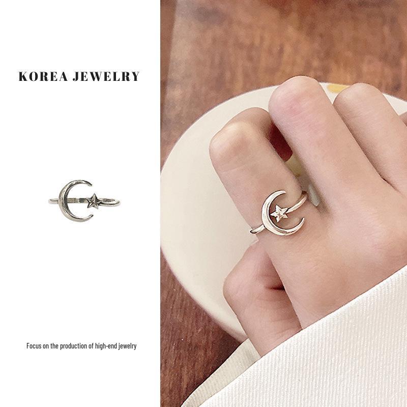 Женское корейское кольцо из стерлингового серебра с луной и звездой и невыцветающим дизайном