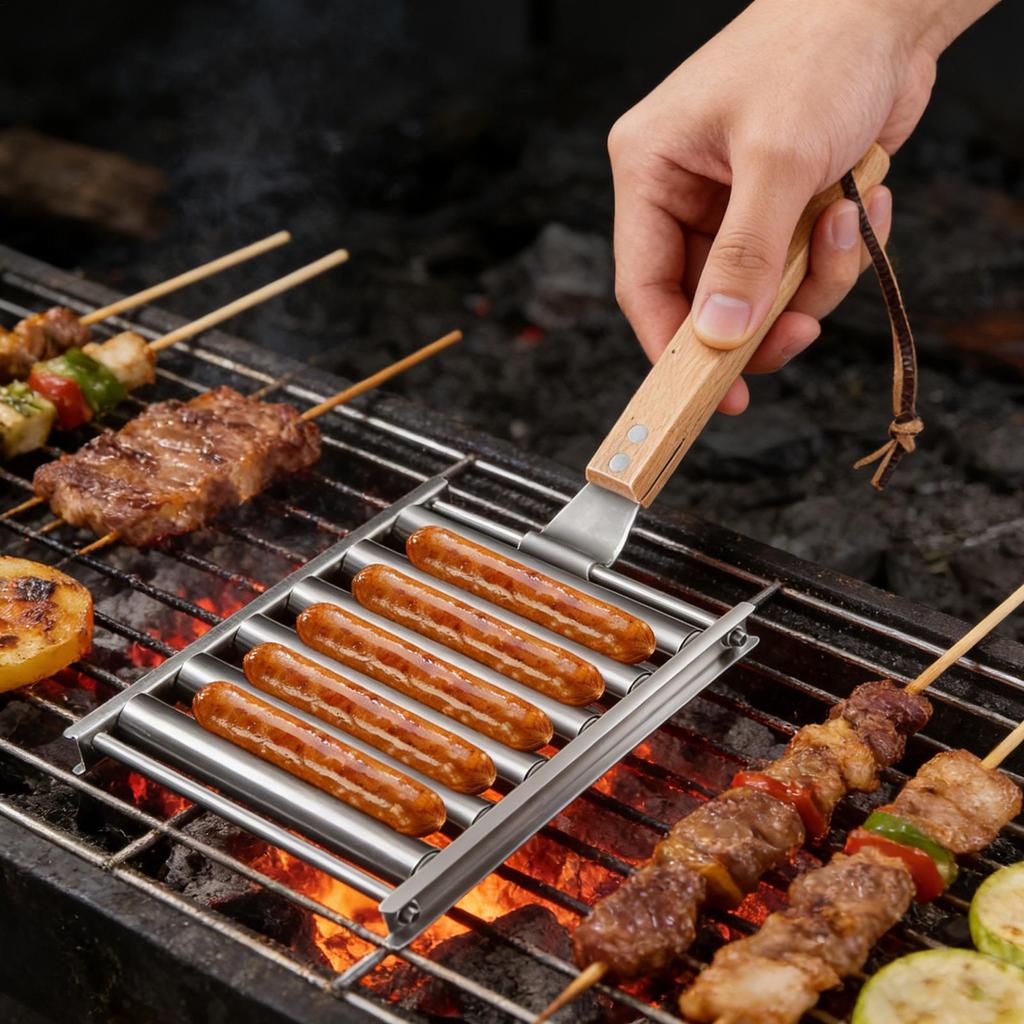 Ролик для сосисок BBQ-решетка из нержавеющей стали Ролик для хот-догов Кронштейны для гриля Портативный антипригарный инструмент для барбекю для кемпинга пикника