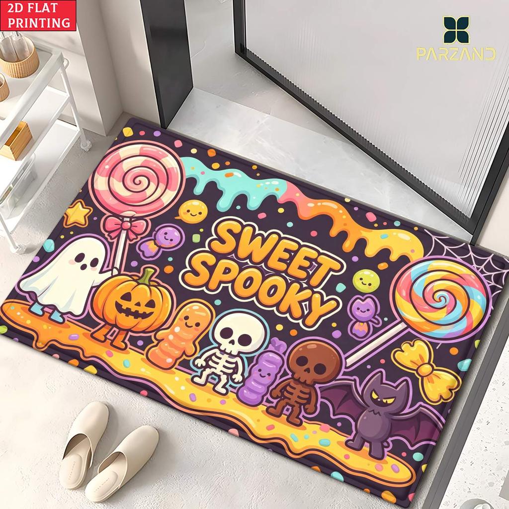 2D Flat 1pc 850Gsm Velvet Door Mat Sweet Spooky Art HD Printed Kitchen Rugs, Non-Slip Yoga Mats, Absorbent Machine Washable Polyester Rug for Bathroom