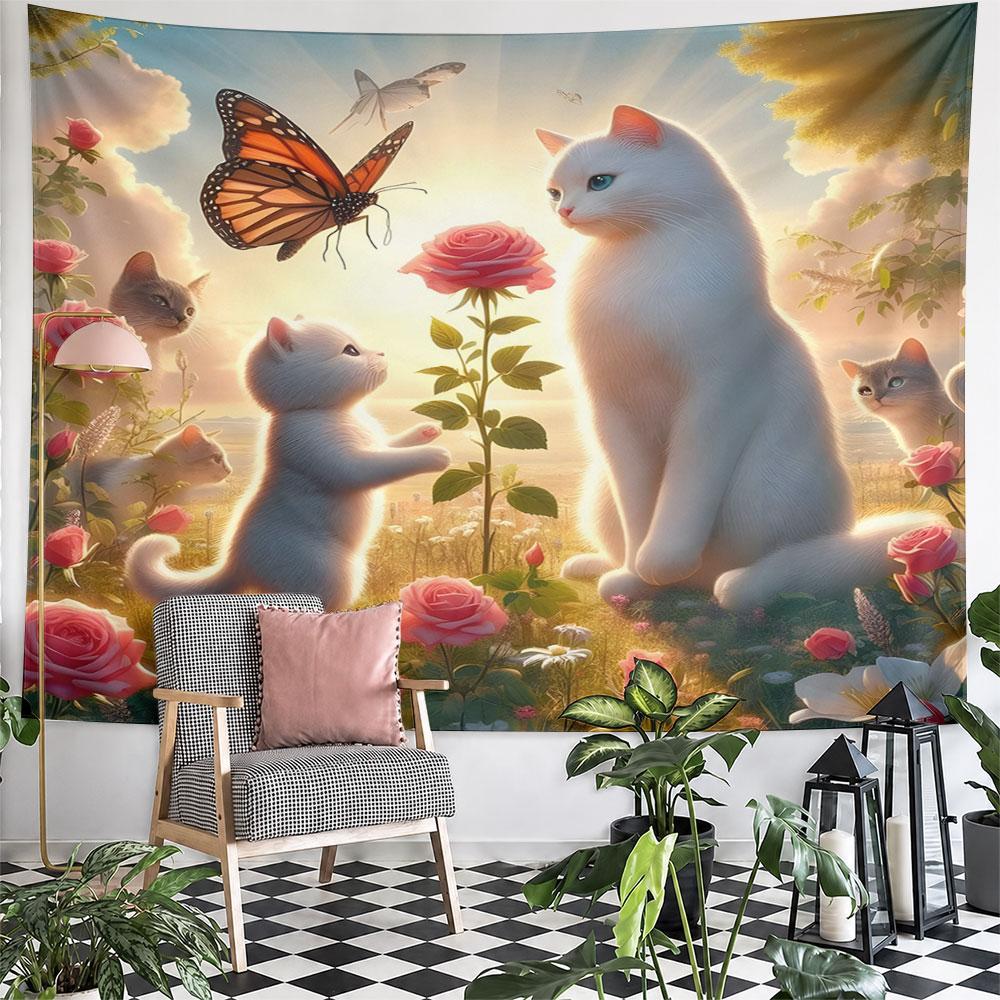 "Whimsical Cats and Butterfly Garden Scene" Pattern Wall Hanging Tapestry Decorative Tapestry Home Decor for Bedroom and Living Room