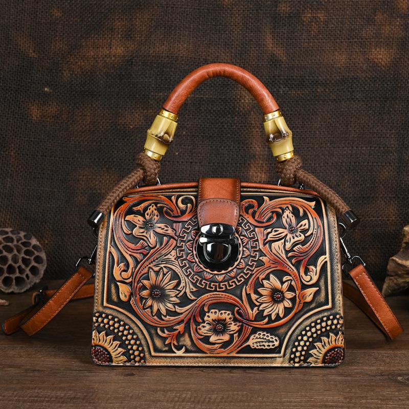 Vintage Luxury Handbag Handmade Leather Carved Women Bag Versatile Female Shoulder & Crossbody Bags