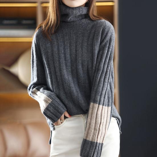 Women Winter Autumn Sweater Turtleneck Neck Protection Long Sleeve Knitted Warm Thick Soft Pullover Color Block Patchwork Lady Sweater