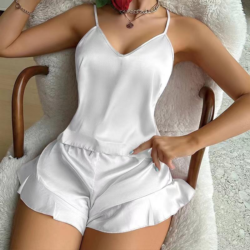 Летняя ночная рубашка из искусственного шелка, женская сексуальная шелковая атласная пижама с оборками, шорты для сна, домашний костюм