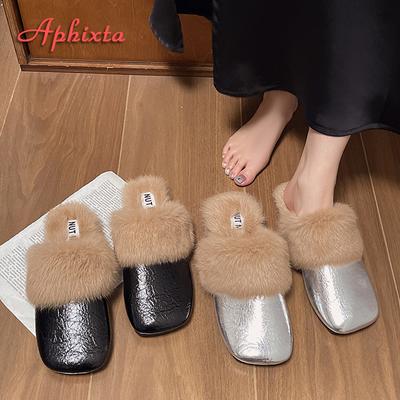 Мода Aphixta Мягкая кожа Однотонные домашние тапочки Пушистые теплые женские мюли на плоской подошве со шлепанцами chaussures femme zapatos mujer
