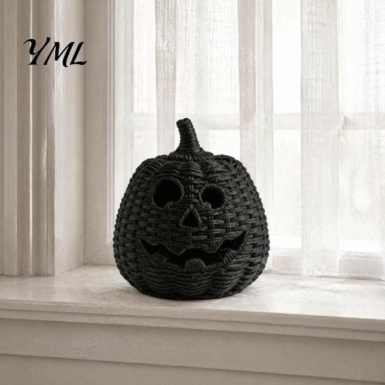 Handmade Woven Texture Craft Faux Rattan Halloween Pumpkin Figurine, Black Resin Statue with Witch Fall Holiday Window Display Hat, Rustic Wicker