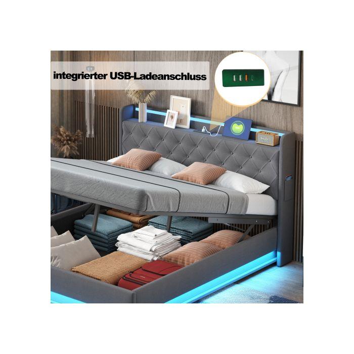 Светодиодный - MUVOE - 140x200 см - Серая льняная ткань - USB-зарядка - Гидравлический подъемный механизм