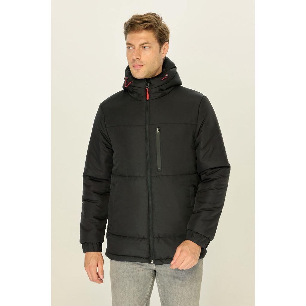 Мужское черное ветрозащитное стеганое зимнее пальто с капюшоном из волокна