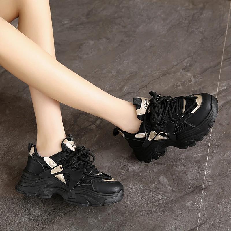 Модные кроссовки SYTK для женщин Модная платформа Клиновидная подошва Шнуровка Повседневные папины кроссовки Сетчатые дышащие Нескользящие для ходьбы Шоппинга Тенниса