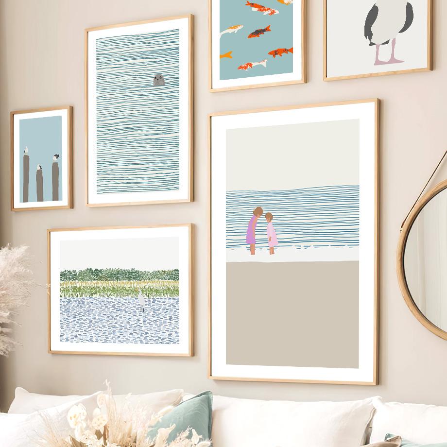 Девочка Тюлень Золотая рыбка Чайка Плакаты Печать Скандинавская Картина на холсте Мультфильм Современное настенное искусство Картины Детская комната Домашний декор