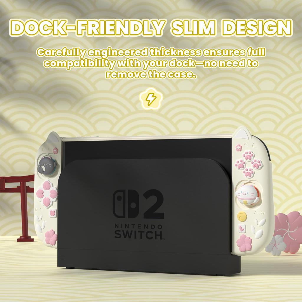 PlayVital Protective Cover Set for Switch Compatible with Switch 2 Includes Cat Ears Paw Silicone PC Adjustable Stand Japanese Sakura Kitten Design 2,