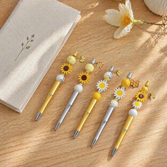 Acrylic And Wooden Beads for Pens Sunflower Bee Beaded Ballpoint Pen Set, DIY Easy Assemble Handmade Making Supplies Kits, Smooth Writing Pen,