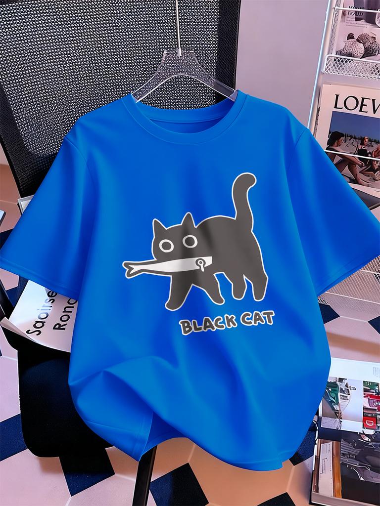 Мультяшные принты Черный кот Футболки с коротким рукавом Женские Хлопок Летние Футболки Мягкие Свободные Топы с круглым вырезом Уличная Женская Одежда