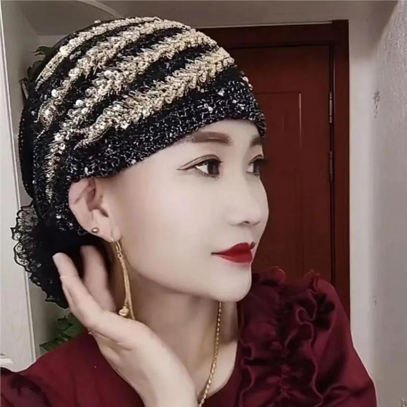 Luxury Embroidery Beading Pleated Turban Cap for Women African Female Wrap Head Bonnet Muslim Turban Hat Lady Head Wraps