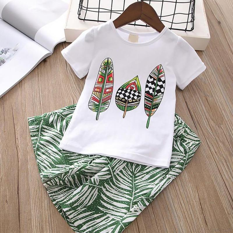 Детский костюм для девочек, футболка с короткими рукавами и принтом, свободные широкие брюки в стиле тропического леса, летняя повседневная одежда