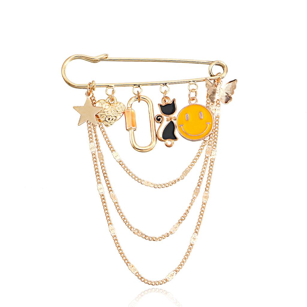 Multi-element yellow smiley face fringed pendant brooch accessories, punk temperament pendant