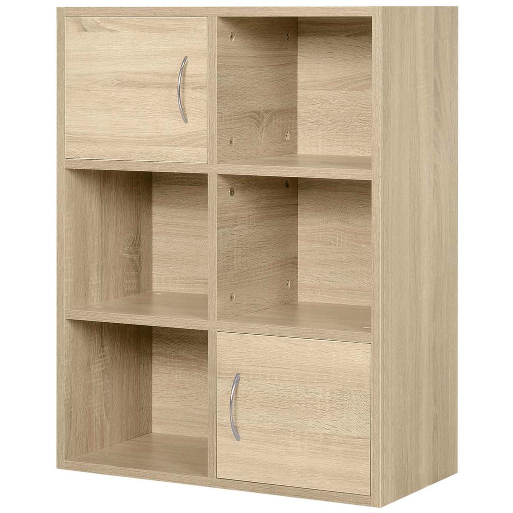 Wooden Bookcase Shelf, Multipurpose Cabinet with 3 Shelves 4 Compartments and 2 Doors, 61.5x29.5x80cm