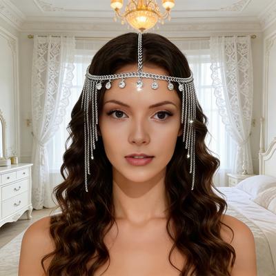 Цепочка на волосы Регулируемый размер Женская Индийская головная убор Многослойная Тиара со стразами и Золотыми кисточками Сверкающие стразы Головной убор