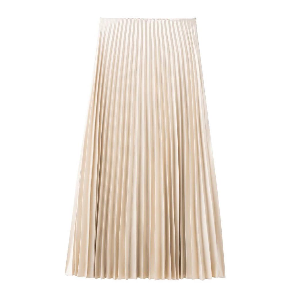 Весна 2025 Женская приталенная миди-юбка из шелкового сатина с плиссировкой и высокой посадкой