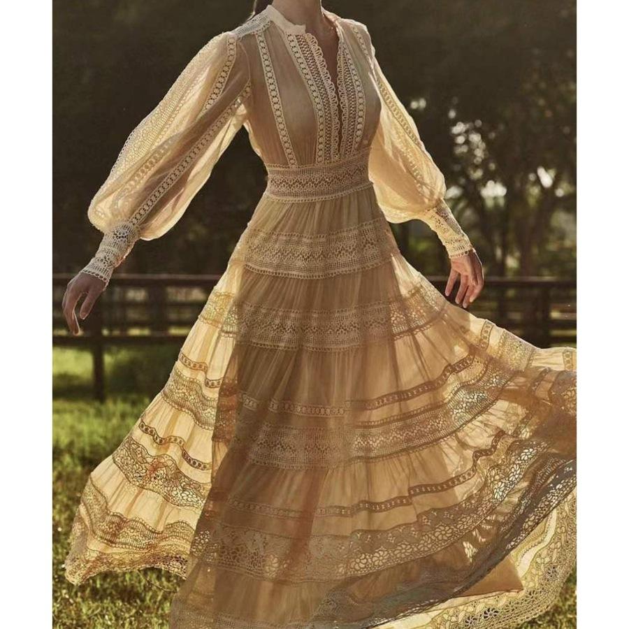 Лето Весна Женское Длинный Рукав Макси Вечеринка Vestido V-образный вырез Кружева Вышивка Элегантный Вечерний Свадебный Невесты Платье Рубашка