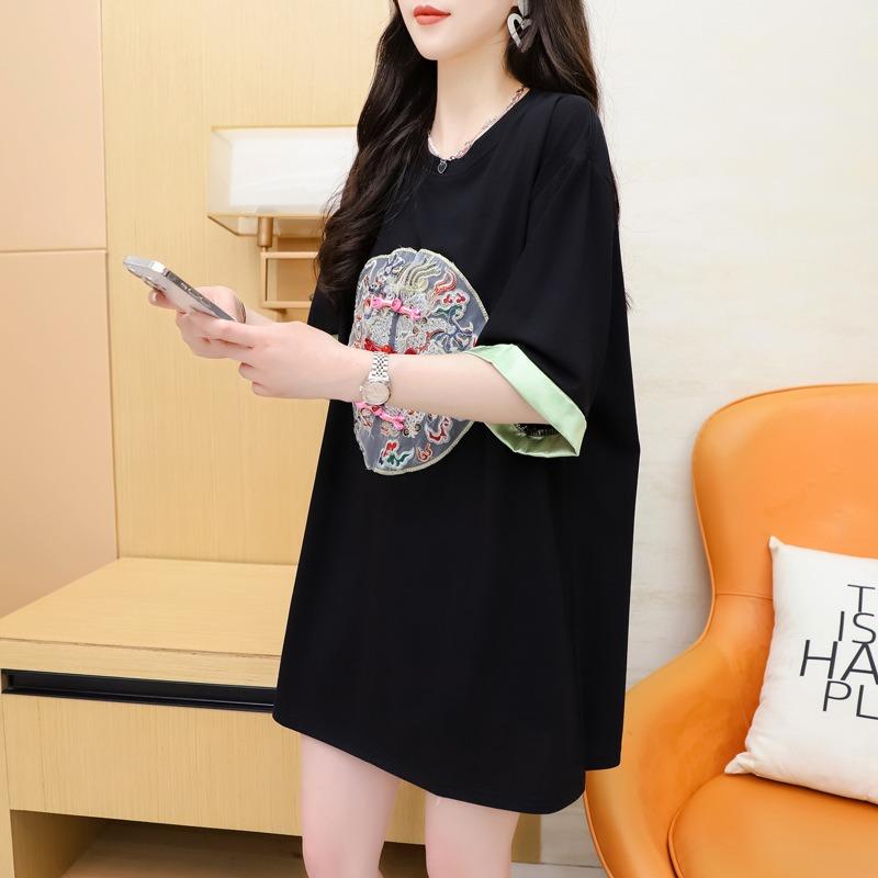 Женская футболка с короткими рукавами и китайской вышивкой, женский летний свободный топ для показа мод, тонкий топ с принтом мяса