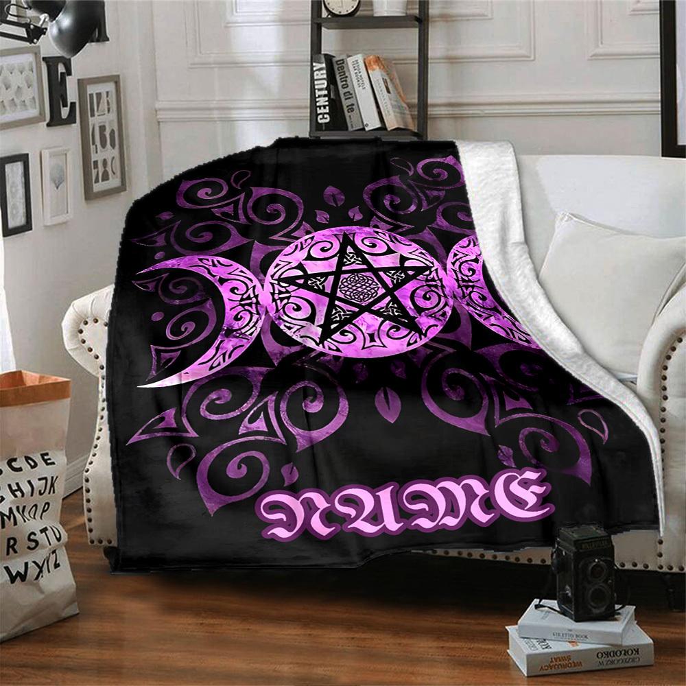 Triple Moon Pentagram Mystical Design Gift Customizable Blanket Customize Text Comfortable Texture Great For Sofa Couch Office Bed Picnics Four