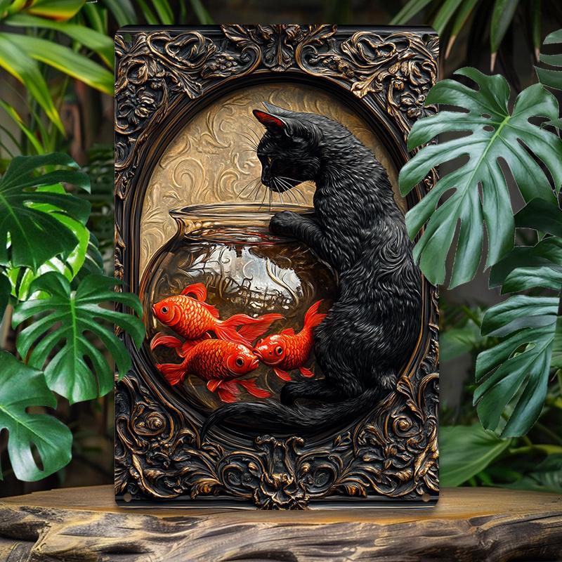 Металлическое настенное искусство WhimsyCat из алюминия, вывеска «Кошка и золотая рыбка», прочный 2D декор из жести для дома, студии, класса