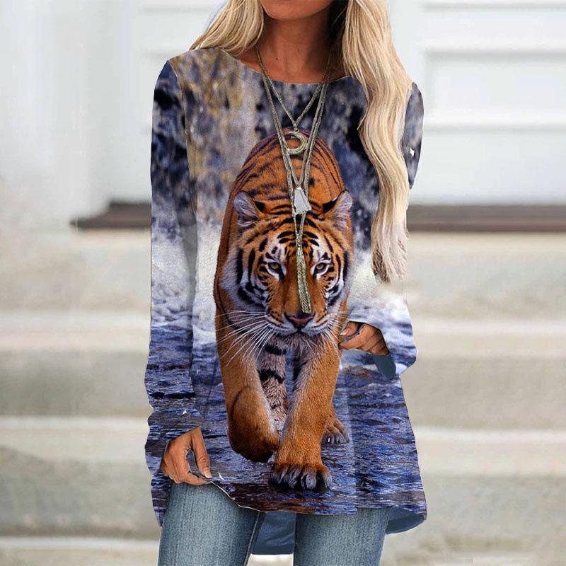 Fashion New Tiger T-shirt Animal 3D Print Women Long Sleeve O-Neck T Shirts Streetwear Oversized Tees Woman Tunic Tops Clothing