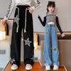 Fashion Kids Girls Denim Wide Leg Pants with Star Printed Ripped Elastic Waistband Jeans Trousers Casual Children Bottoms