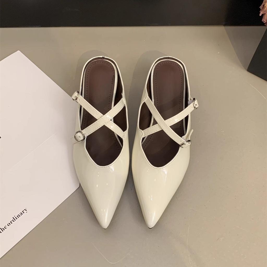 French Style with Skirt Half Slippers Women's Outer Wear 2025 Spring and Summer Bag Head Pointed Head Shallow Mouth Soft Bottom Inner Height Increase