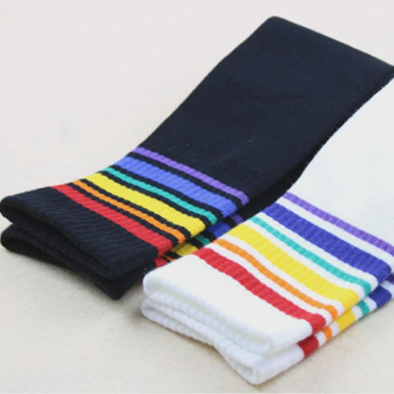 Корейские хлопковые носки для девочек с радужными полосками до колена на весну/осень