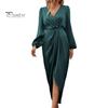 Women Dress Irregular Slit Hem High Waist Pleated Long Puff Sleeves Solid Color V Neck Formal Party Banquet Maxi Dress