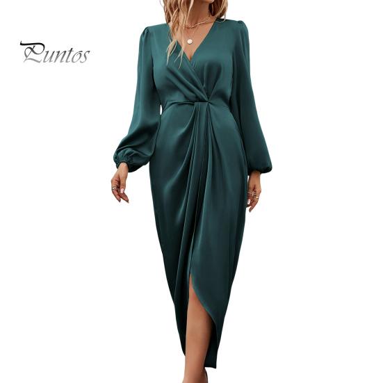 Women Dress Irregular Slit Hem High Waist Pleated Long Puff Sleeves Solid Color V Neck Formal Party Banquet Maxi Dress