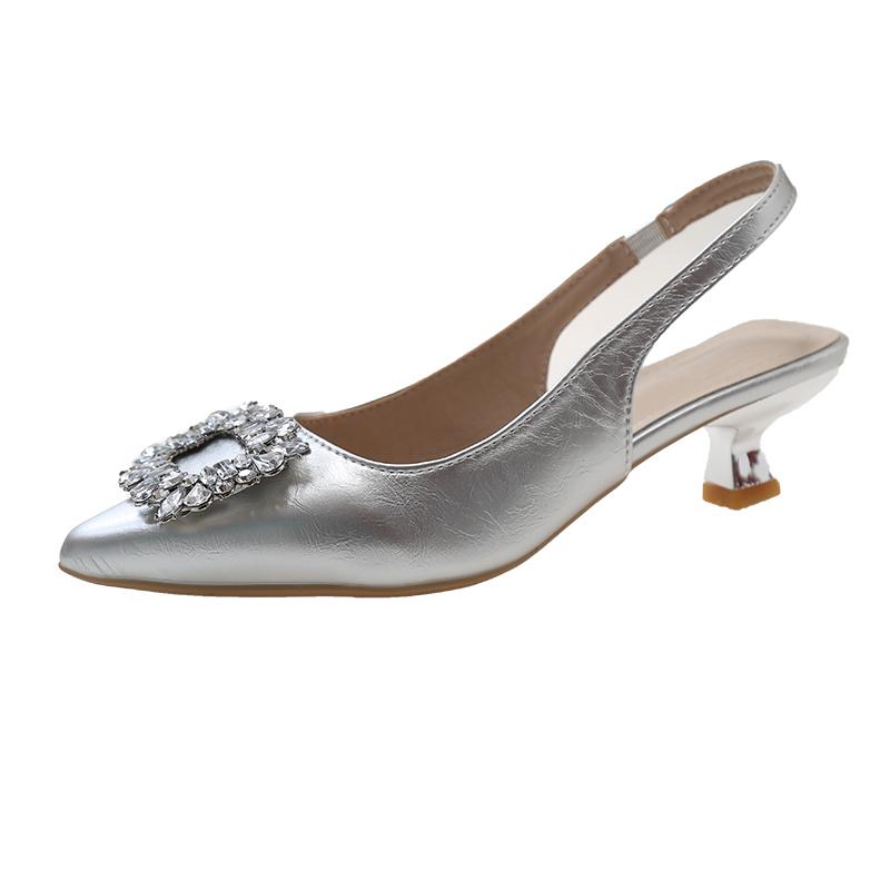 Летние женские босоножки, новые женские туфли, острый носок, неглубокие туфли телесного цвета с розовыми бриллиантами, низкий каблук, ремешки сзади, женские туфли