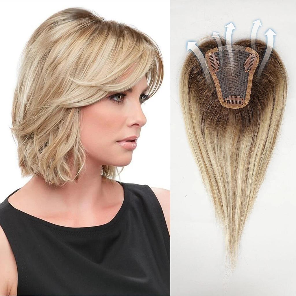 100% Remy Human Hair Toppers Middle Part Ombre Light Brown Golden Human Hair Pieces for Women with Thinning Hair Clip In Toppers