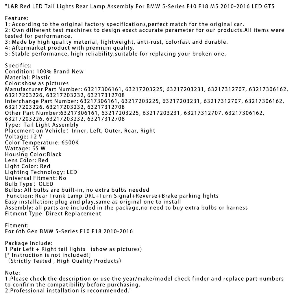 L&R красные светодиодные задние фонари задний фонарь в сборе для BMW 5 F10 F18 M5 2010-2016
