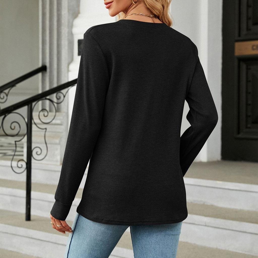 Women's Autumn And Winter Solid Color Models Solid Color V-neck T-shirt Buttons Decorated Loose Long-sleeved Tops