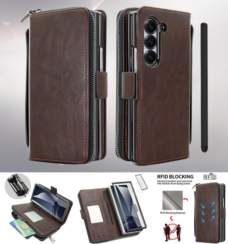 Премиальный кожаный флип-кейс с RFID для Samsung Z Fold 8 Ultra 7 6 5 Кошелек на молнии Слот для карт Защита экрана стеклом Сенсорный стилус